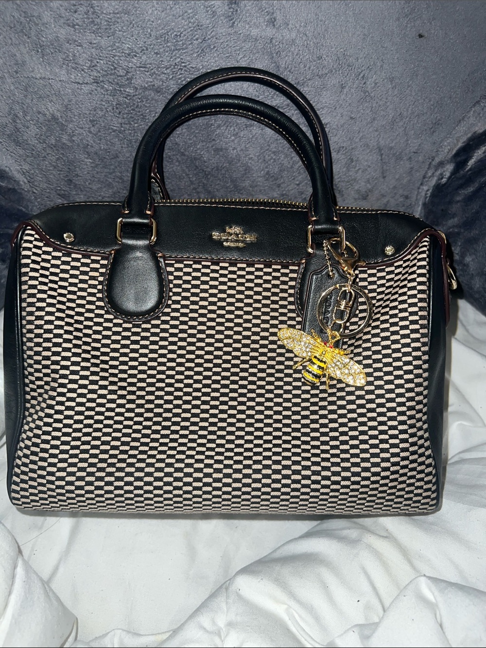 Coach Black and White Checkered Satchel with Brown Leather Trim - Picture 2 of 8